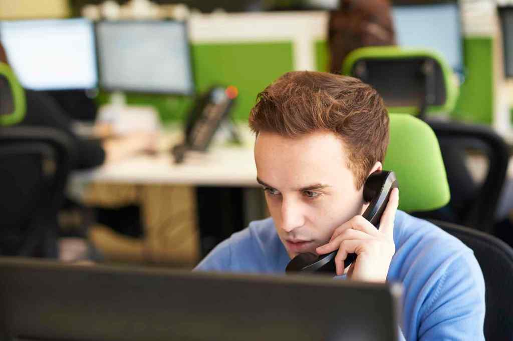 Salesperson on phone peering at computer screen.