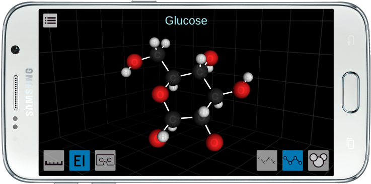 The MEL Science app shows a 3-D model of glucose.