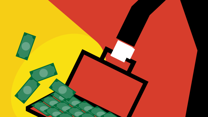 money flying out of a briefcase as a person tries to evade a spotlight