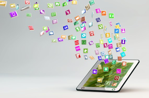 tablet pc with lots of apps flying around
