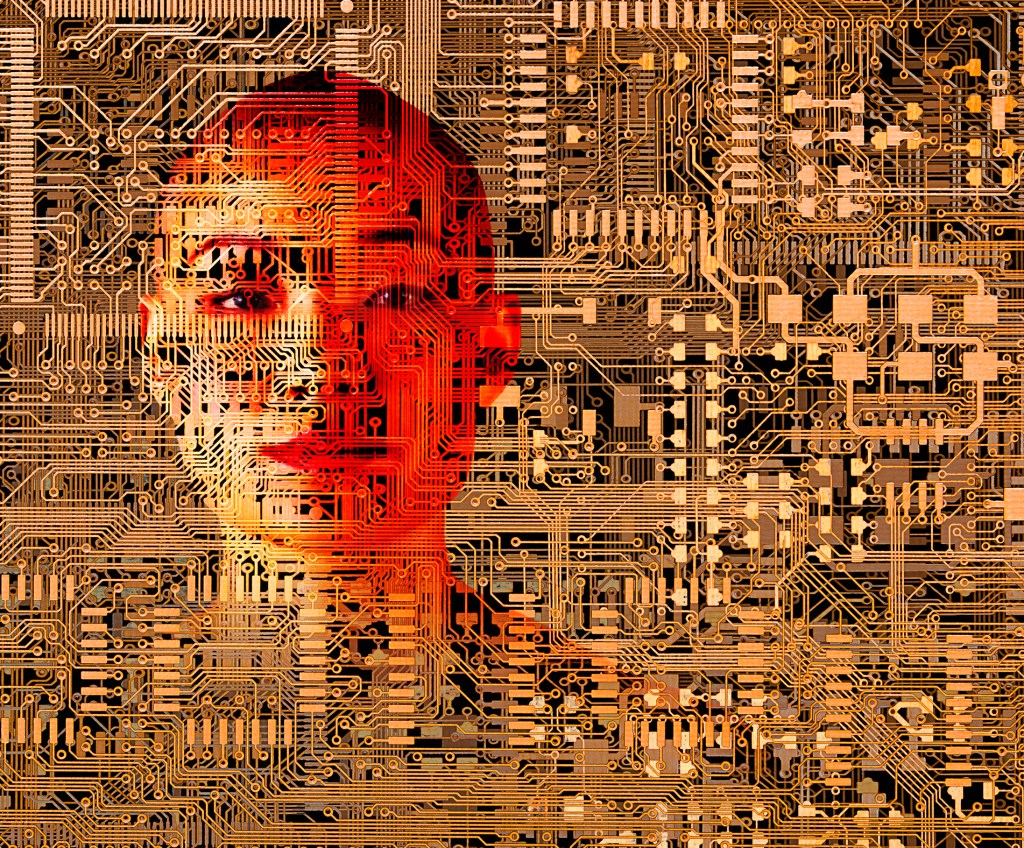 Woman over microchip circuits