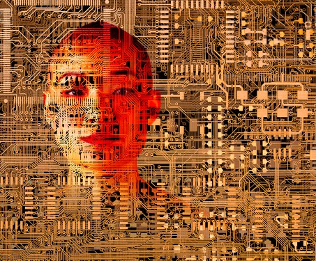 Woman over microchip circuits