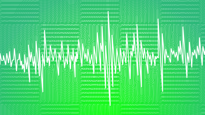 Illustration of a soundwave in front of an abstract background.