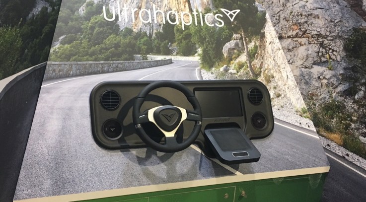 The demonstration of the haptic feedback system at Ultrahaptics' stand at CES. In the image, you can see the Leap Motion the company is using for tracking. Not pictured: The invisible haptic feedback that's the actual magic sauce in this setup. 