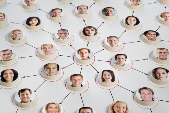 Faces on discs depicting a man as leader of a marketing or social scheme in the centre