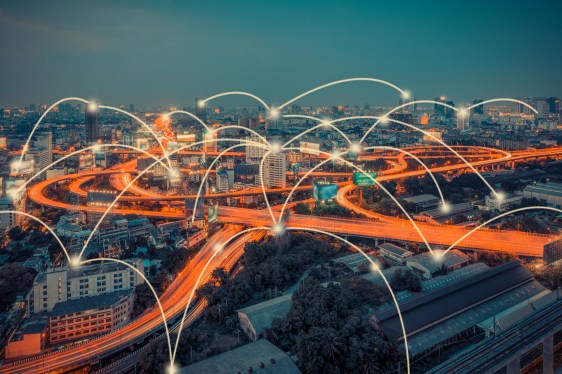 Network connections depicted over a city.