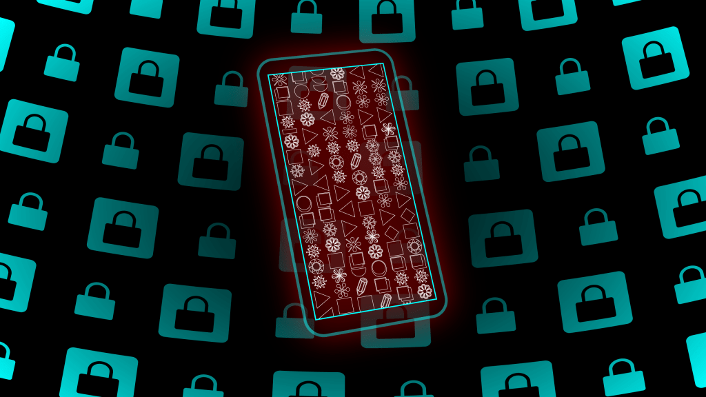 phone encryption on a dark background, with glyphs on the screen in red