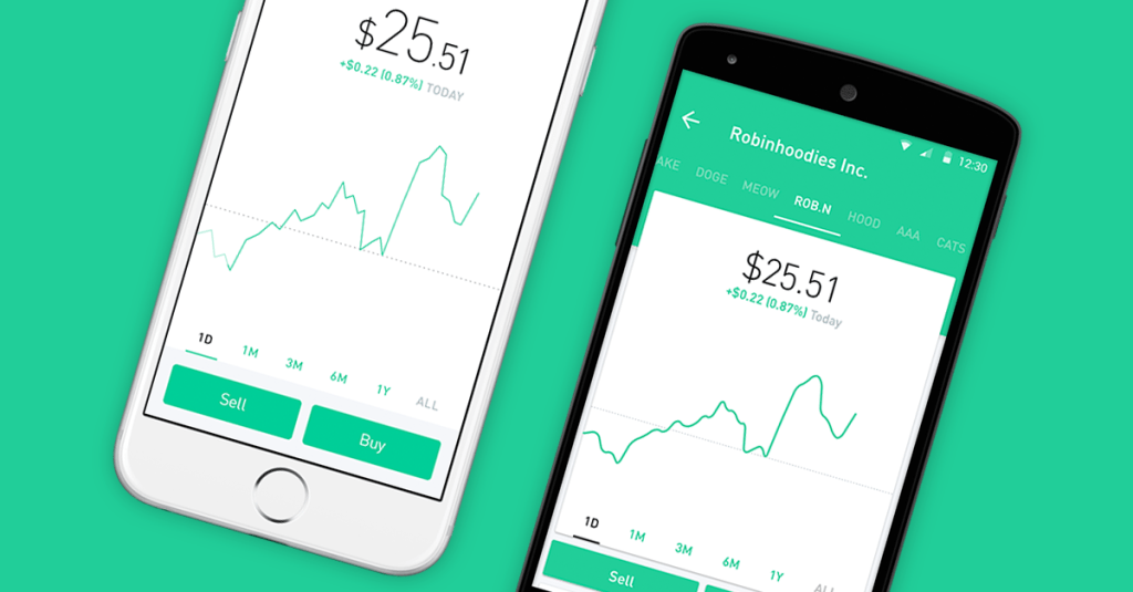 Image of the Robinhood stock trading app and graphs showing values changing.