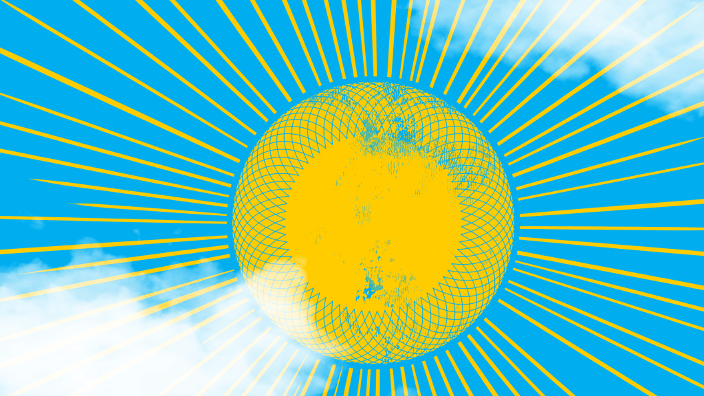 Illustration of sun on teal blue with clouds
