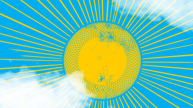 Illustration of sun on teal blue with clouds