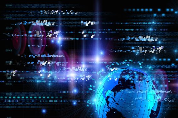 Bright blue futuristic globe with digital data and computer coding
