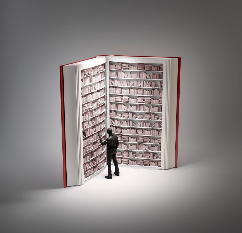 Bookshelves in book with human figure, conceptual illustration.