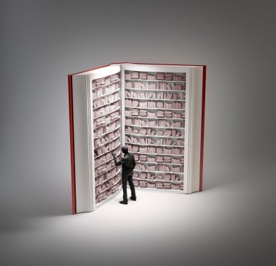Bookshelves in book with human figure, conceptual illustration.