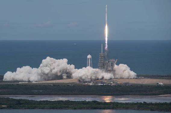 A SpaceX Falcon 9 rocket carrying the company's Crew Dragon spacecraft is launched from Launch Complex 39A on NASAs SpaceX Demo-2 mission to the International Space Station with NASA astronauts Robert Behnken and Douglas Hurley onboard.