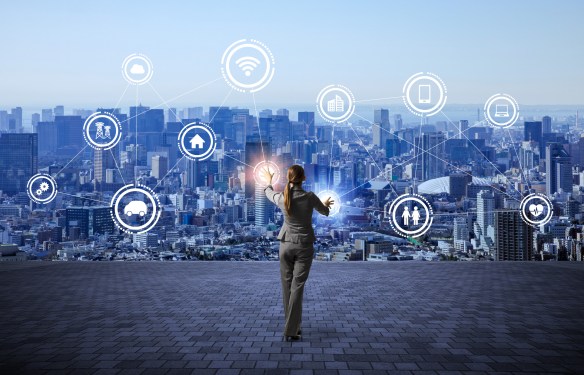 modern cityscape and business person, IoT(Internet of Things), ICT(Information Communication Technology), abstract image visual