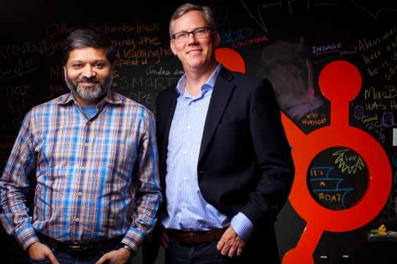 CAMBRIDGE, MA - NOVEMBER 24: Dharmesh Shah and Brian Halligan are the founders of HubSpot, the Cambridge-based inbound marketing firm that had a monster initial public offering in October. (Photo by Dina Rudick/The Boston Globe via Getty Images)