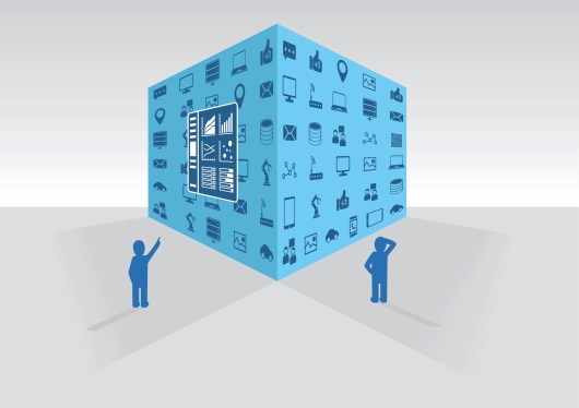 illustration of two persons looking at big data cube and dashboard