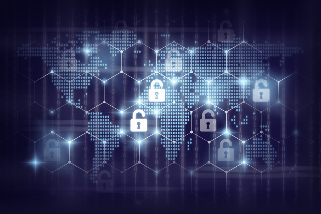 business technology securities concept,Security key lock icon digital display over the world map and Hexagon shape on matrix digital number technology and dark blue background