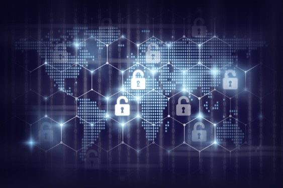 business technology securities concept,Security key lock icon digital display over the world map and Hexagon shape on matrix digital number technology and dark blue background
