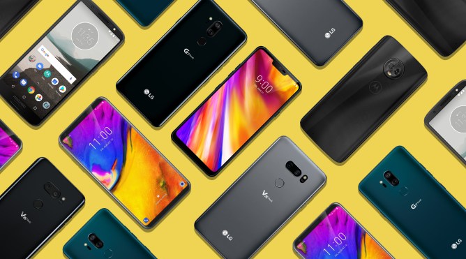 a selection of phones patterned on a yellow background