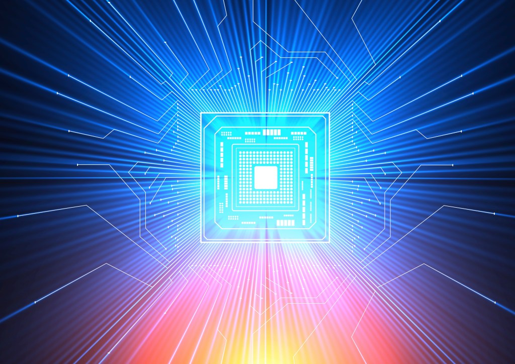 Conceptual computer artwork of electronic circuitry with blue and red light passing through it