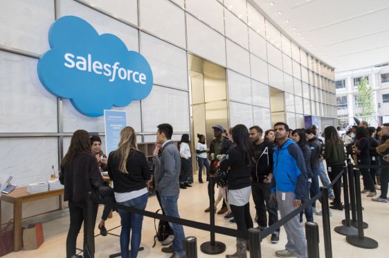 Attendees stand in the lobby area of the the Salesforce Tower in San Francisco, California, U.S., on Tuesday, May 22, 2018. The building, the tallest office tower west of the Mississippi river, opened with a ceremony crowded with local officials on Tuesday, representing the indelible mark San Francisco's largest private employer has made on the city. Photographer: David Paul Morris/Bloomberg via Getty Images