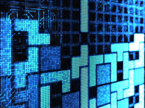 A blue digital game of tetris blocks