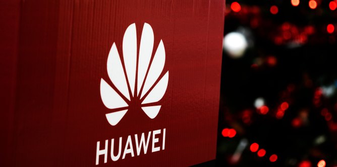 Huawei logo seen at the entrance of the store