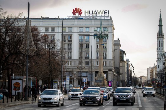 The Huawei logo is seen in the center of Warsaw, Poland