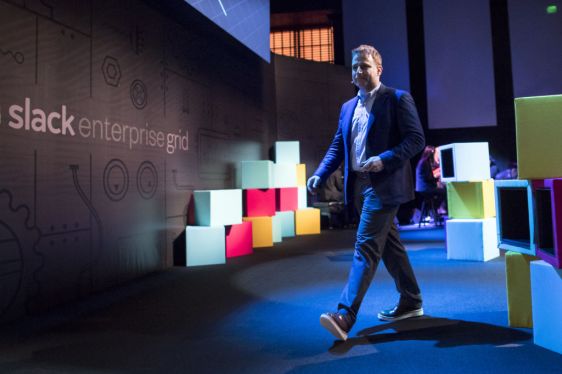 Stewart Butterfield, co-founder and chief executive officer of Slack Technologies Inc., walks off the stage at the conclusion of an event in San Francisco, California, U.S., on Tuesday, Jan. 31, 2017. Slack Technologies Inc. launched Slack Enterprise Grid, a new product designed to help its software scale to organizations with tens of thousands of employees. Photographer: David Paul Morris/Bloomberg via Getty Images
