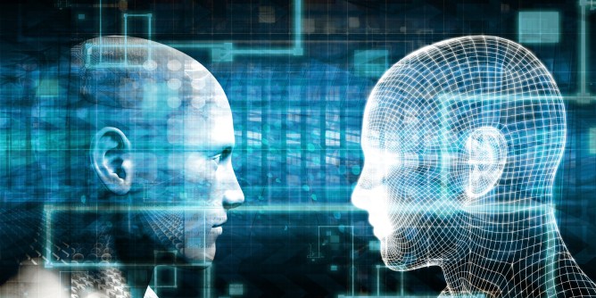 Digital faces in an abstract AI background