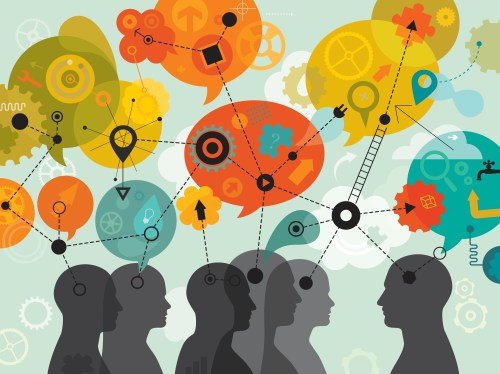 Abstract vector illustration is showing a team using a diagram to visually organize information.