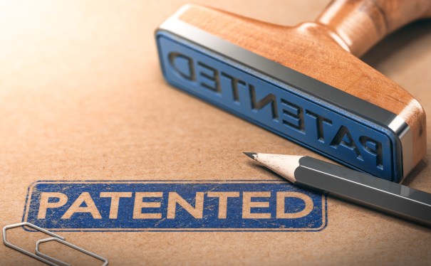 3D illustration of rubber stamp with the text "patented."