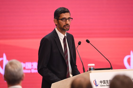 Google CEO Sundar Pichai speaking at a podium