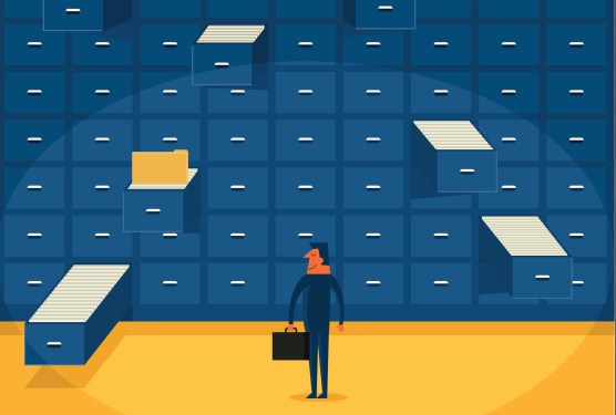 graphic depicting bank of blue file drawers with several open