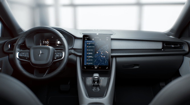 The interior of the Polestar 2, which features Google's Android Automotive operating system.