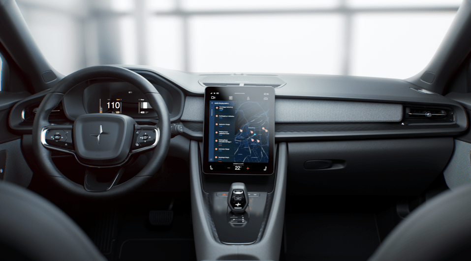 The interior of the Polestar 2, which features Google's Android Automotive operating system.