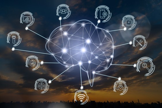 A photo illustration of a brain with several icons representing artificial intelligence systems