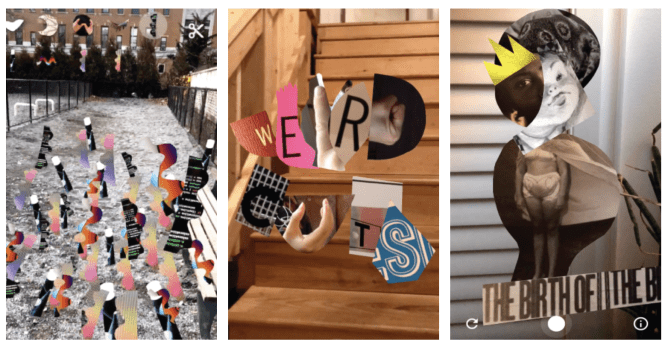 Sample screens from Google's AR app Weird Cuts