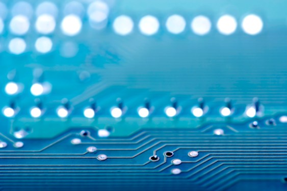 Electronic Circuit Board close-up. Focus on front.