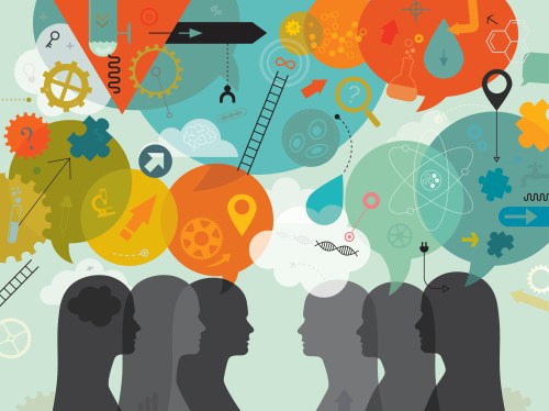 Silhouettes in profile with speech bubbles and tech and science concepts floating above them.