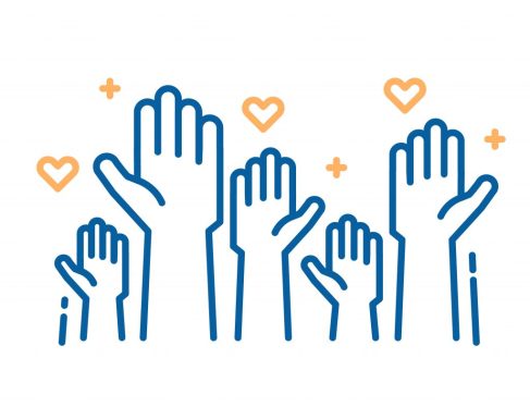 illustration of hands raised, with little hearts floating above them
