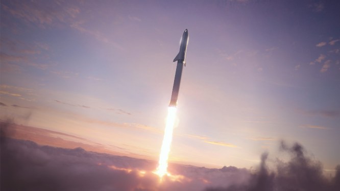 A render of SpaceX's Starship/Super Heavy launch system taking off.
