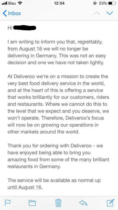 deliveroo german goodbye email