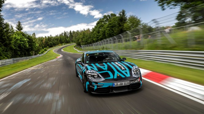 taycan prototype on its way to the schwalbenschwanz section nürburgring nordschleife 2019 porsche ag