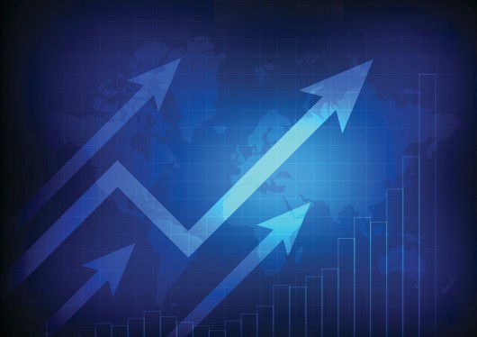 Increasing graph with world map on business background