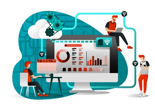 vector illustration of file storage technology, sharing, remote worker, network industry 4.0. people sharing work file. cloud improvement to transfer is effective and faster. flat cartoon character