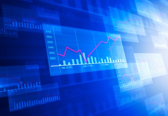 Graphs on blue background showing upward trend