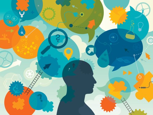 Vector illustration showing inventor and his mind processes. The inventor silhouette is placed into center as the main part of illustration. All around it there are placed different elements which are showing different processes and approaches while solving a problem. We can see magnifying glass a metaphor/symbol for identification/closer look on a problem; puzzles for looking the right parts; light bulb for idea; ladders for improvement; gears and wheels for thinking; speech bubbles for different thoughts/ideas; arrows for direction of thinking; question marks for questioning and self verification; connectors for integration. There are also lot of icons related with science: DNK, microscope, laboratory equipment, molecular structure, cells etc. Illustration is vibrant and eye catching and also nicely layered.