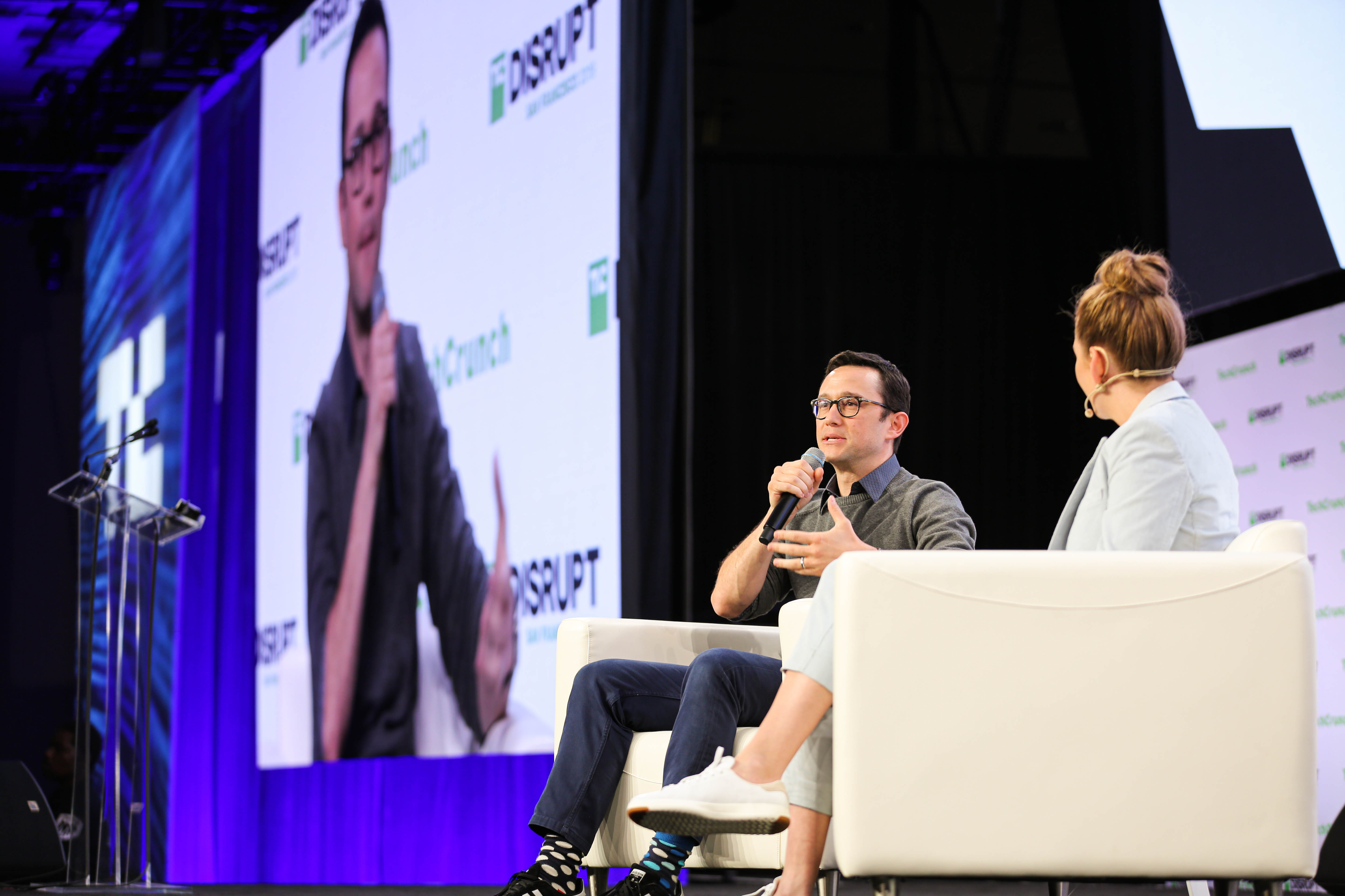 Joseph Gordon-Levitt speaks with Jordan Crook at TechCrunch Disrupt 2019 on October 2, 2019.